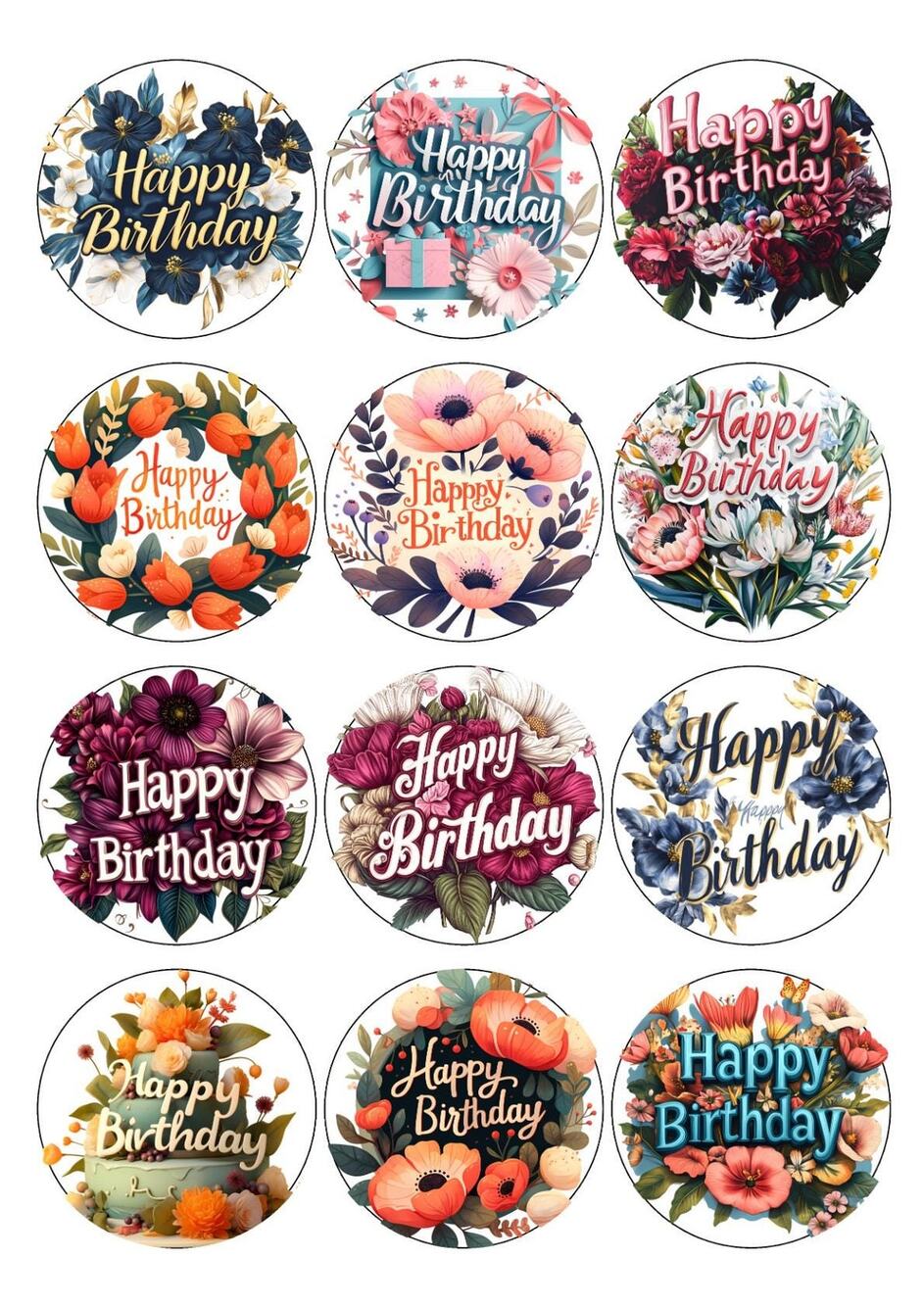 Happy Birthday Pinback Buttons 12pk  Various Floral Styles